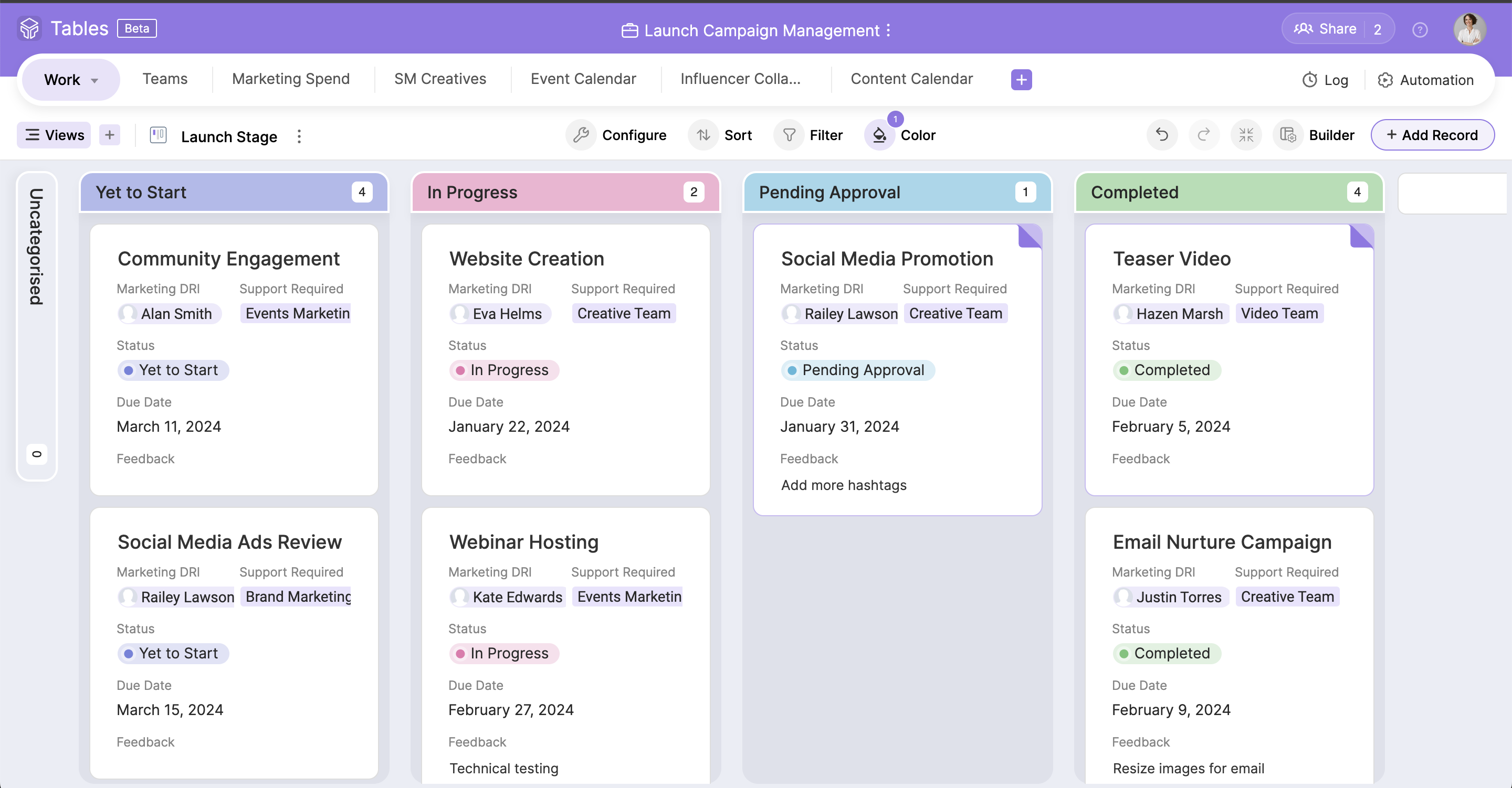 Zoho Tables - Maintain transparency and effortlessly monitor progress using our Kanban view.