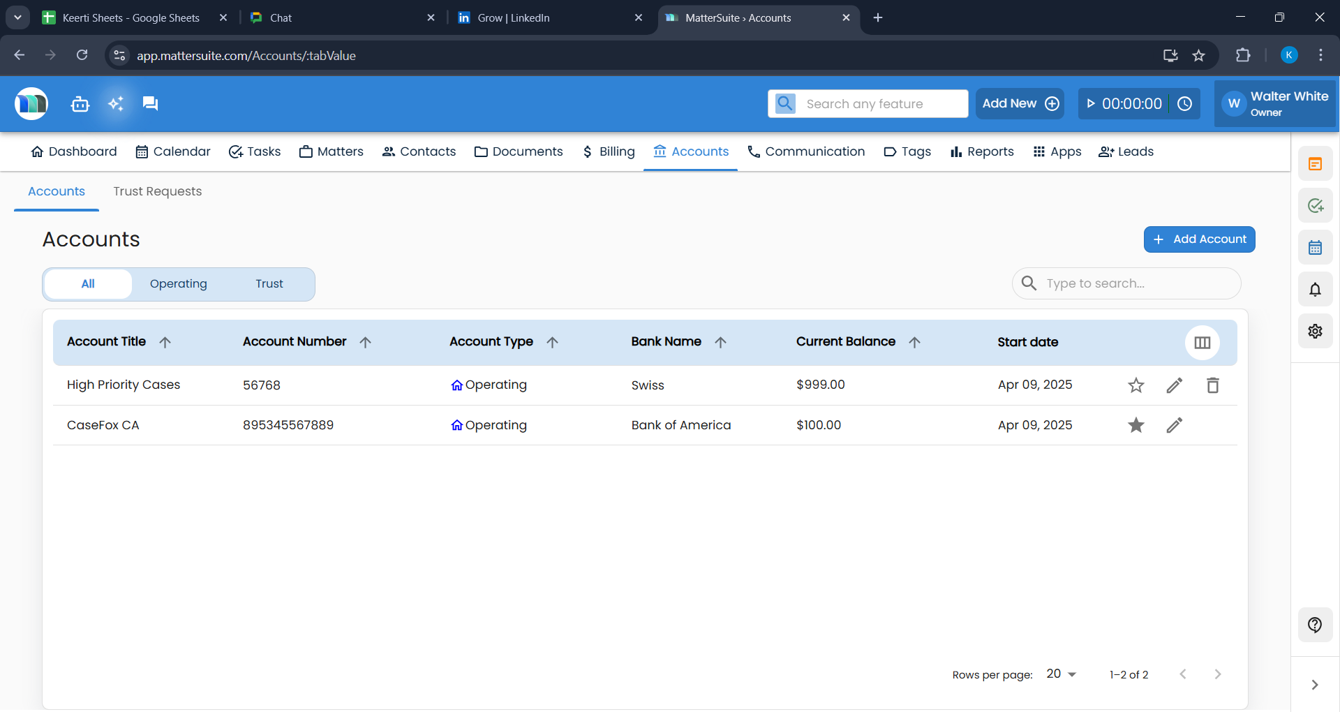 MatterSuite ELM Software - Accounts module screenshot - MatterSuite ELM Software