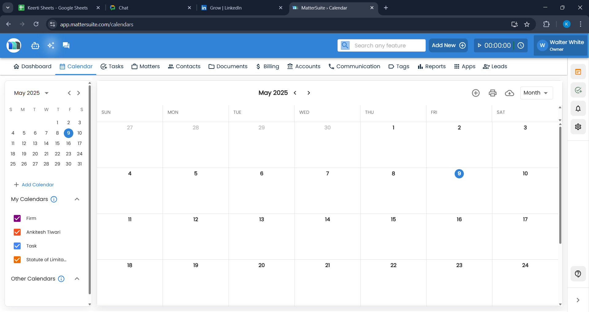 MatterSuite ELM Software - Calendar module screenshot - MatterSuite ELM Software