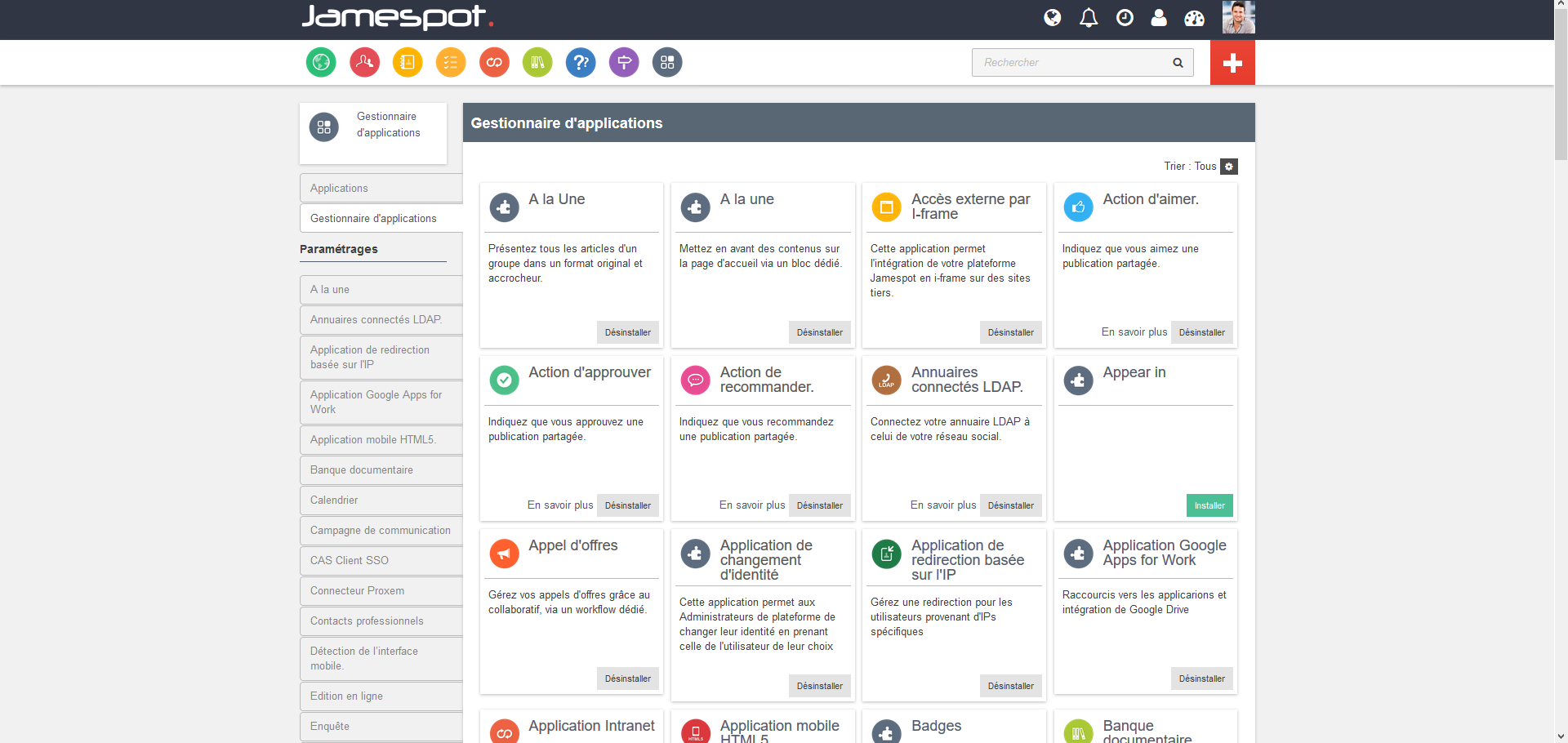 Jamespot : Gestionnaire des applications Jamespot : Gestionnaire des applications