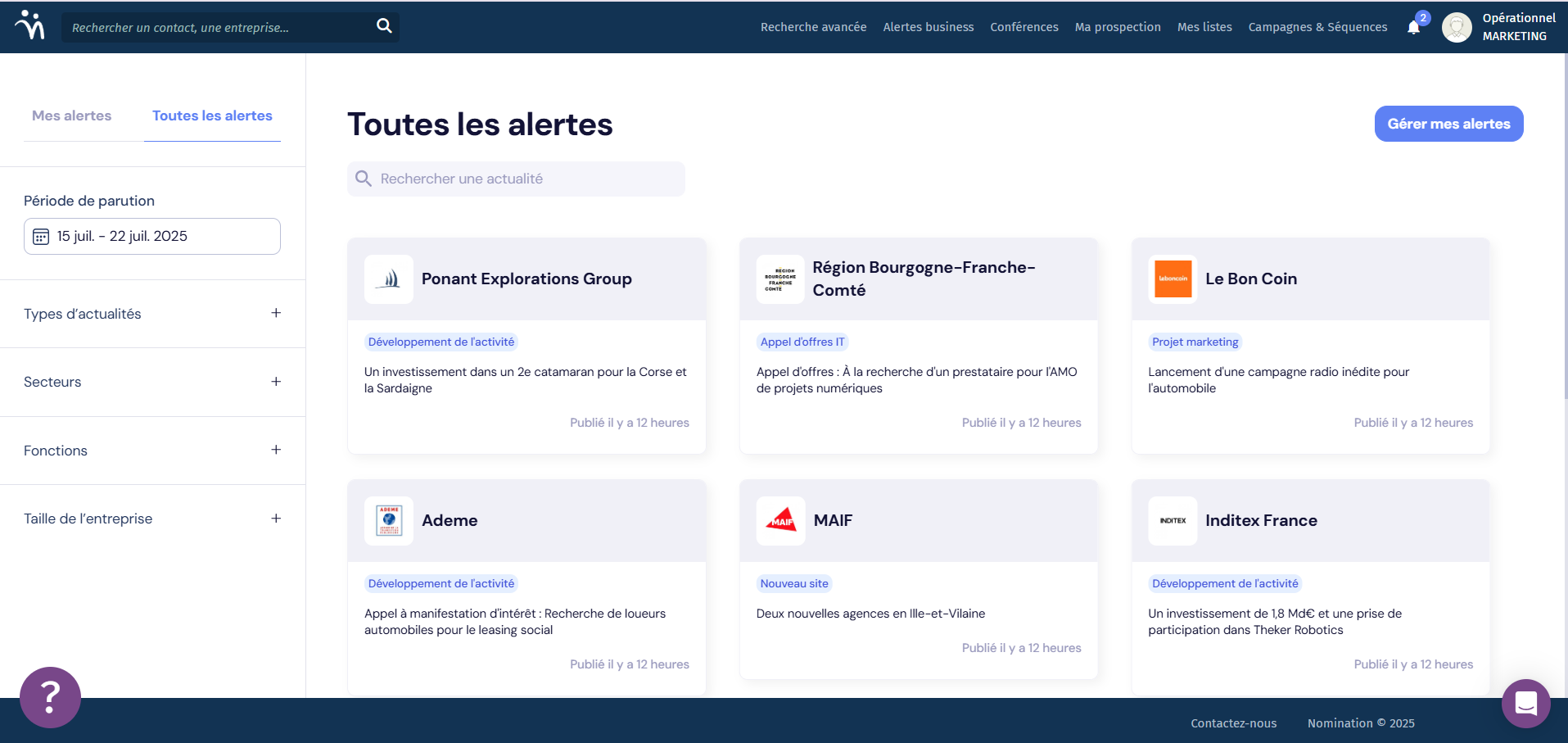 Nomination - Les alertes business