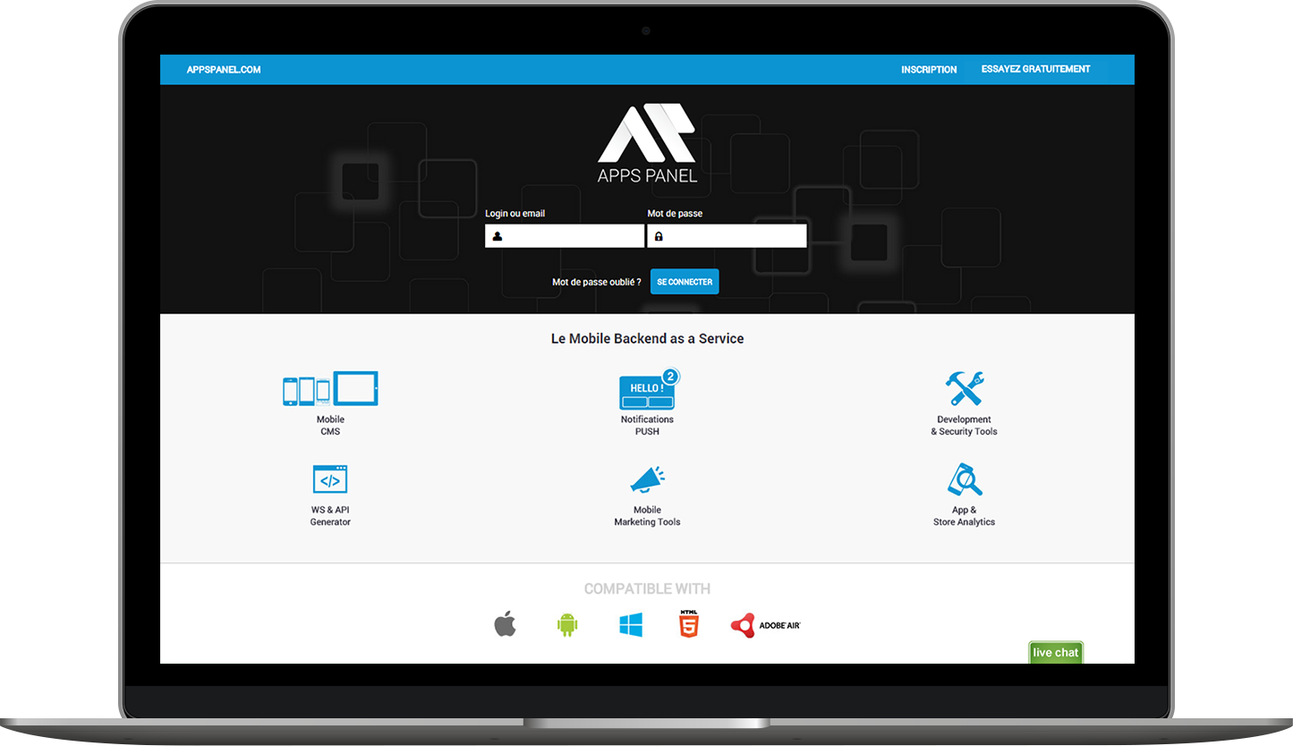 Ecran d'accueil du MBaaS Apps Pael Ecran d'accueil du MBaaS Apps Pael