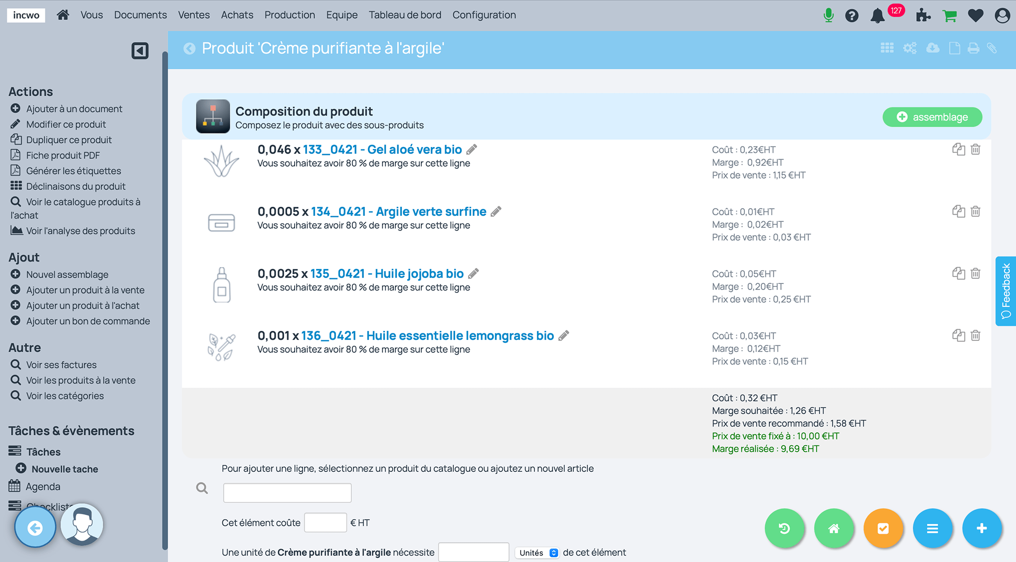 incwo - Gestion des produits composés avec calcul des marges