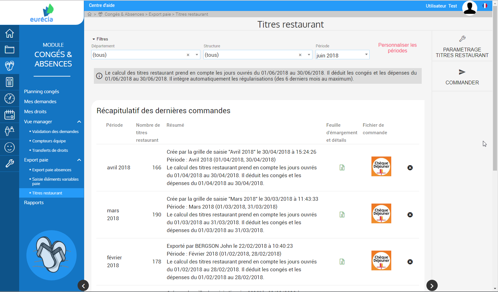 Eurécia Congés & Absences - Module Holidays & Absences: Export Payroll - Titles Restaurants