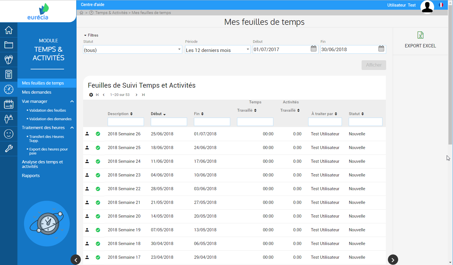 Eurécia Suivi des temps - Management Module Time & Activities: visualization of working time