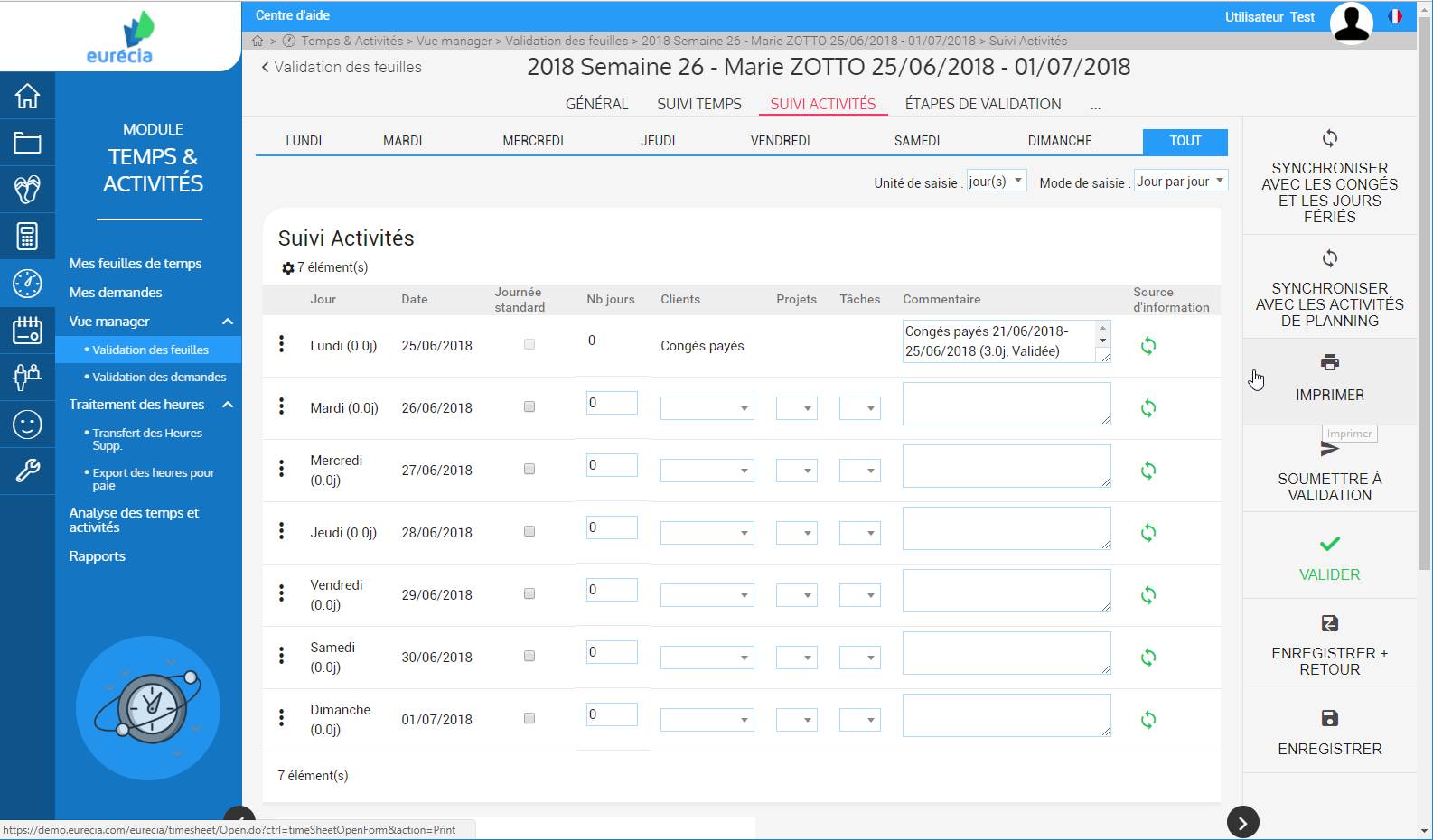 Eurécia Suivi des temps - Management Module Time & Activities: timesheets Validation