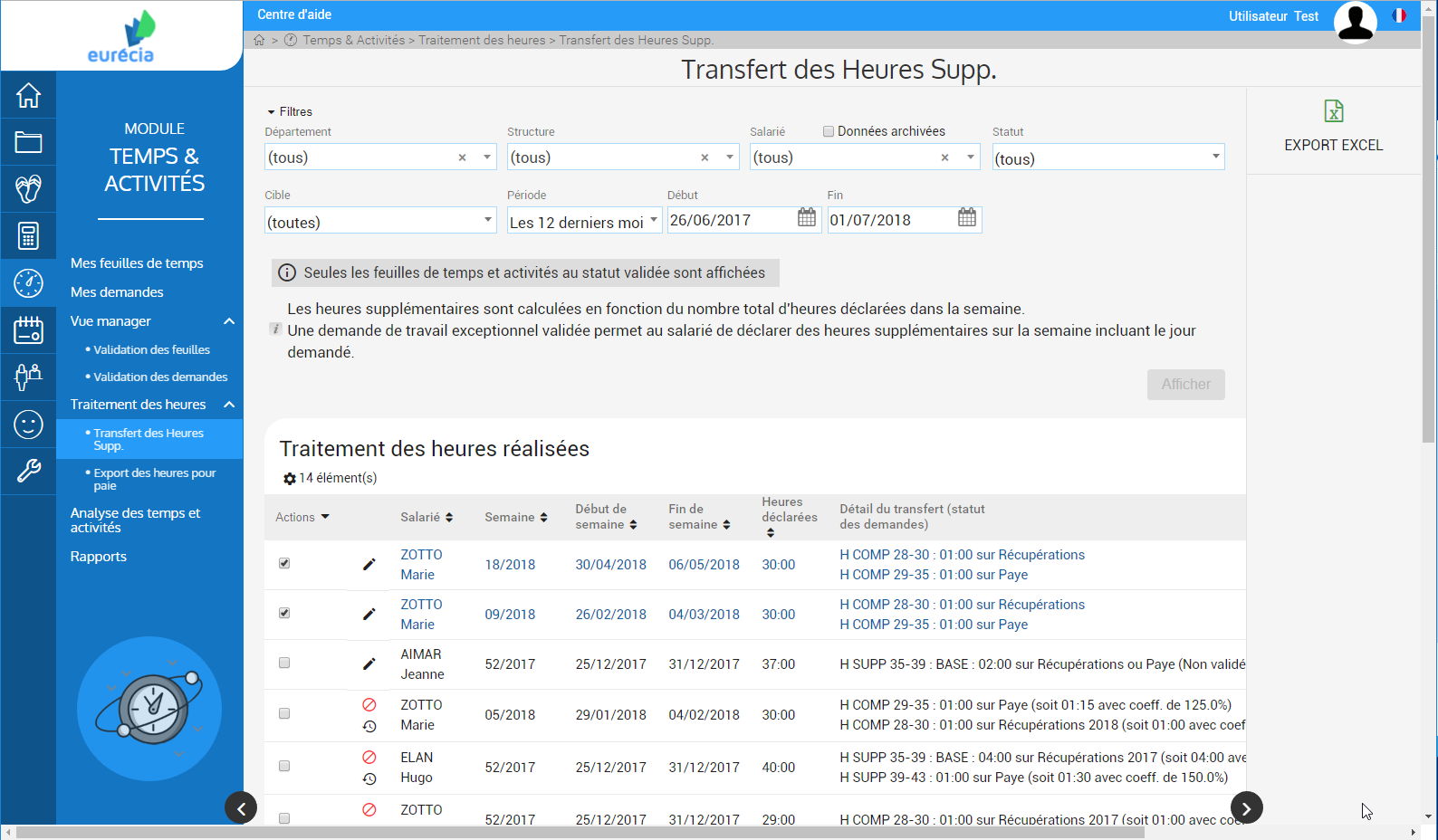 Eurécia Suivi des temps - Module de gestion Temps & Activités : Transfert des heures supp