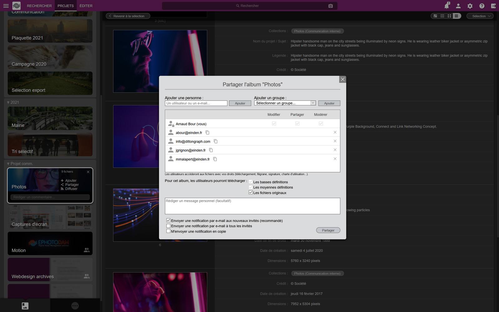 Ephoto Dam - Share your selections in real time with your teams or partners