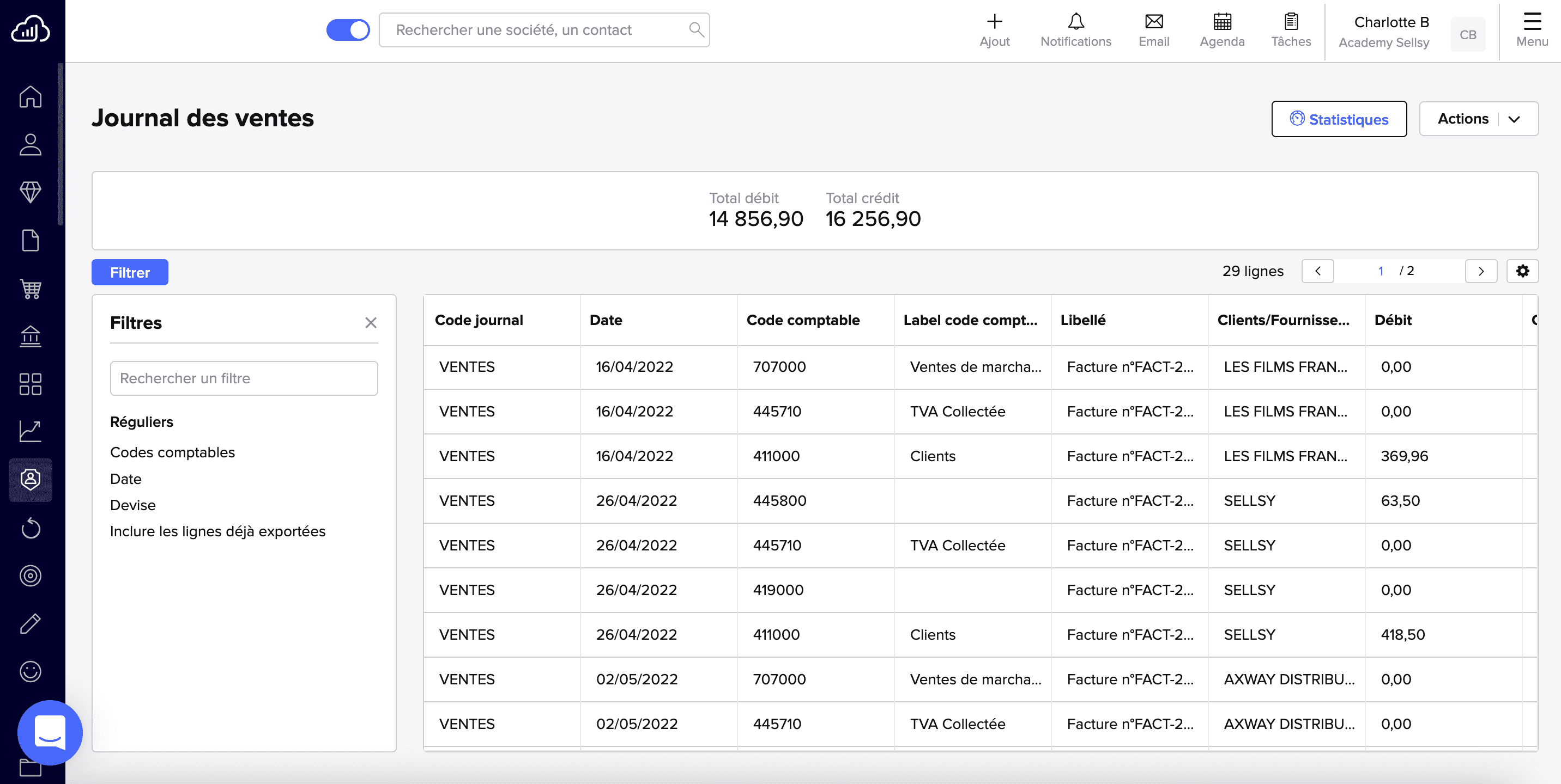 Suite CRM Sellsy-Journal des ventes